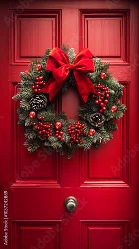 Close-up red front door decorated with a Christmas wreath