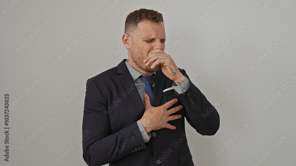 Handsome man in suit coughing or choking isolated on white background Handsome man in suit coughing or choking isolated on white background