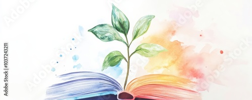 Delicate watercolor plant rapidly growing from a strategy book, symbolizing business growth, with room for copy