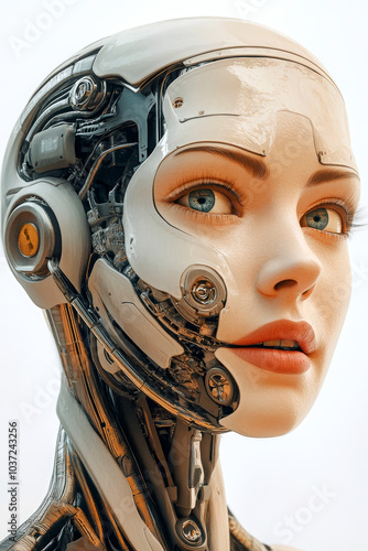 Female artificial intelligence cyborg robot portrait with half robotic face. photo