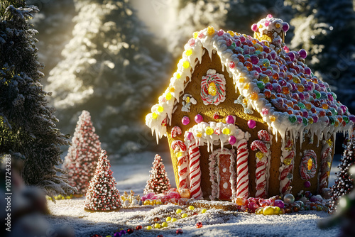 Festive Gingerbread House in a Snowy Winter Wonderland, Decorated with Colorful Candies and Candy Canes, Perfect for Christmas and Holiday-Themed Designs photo