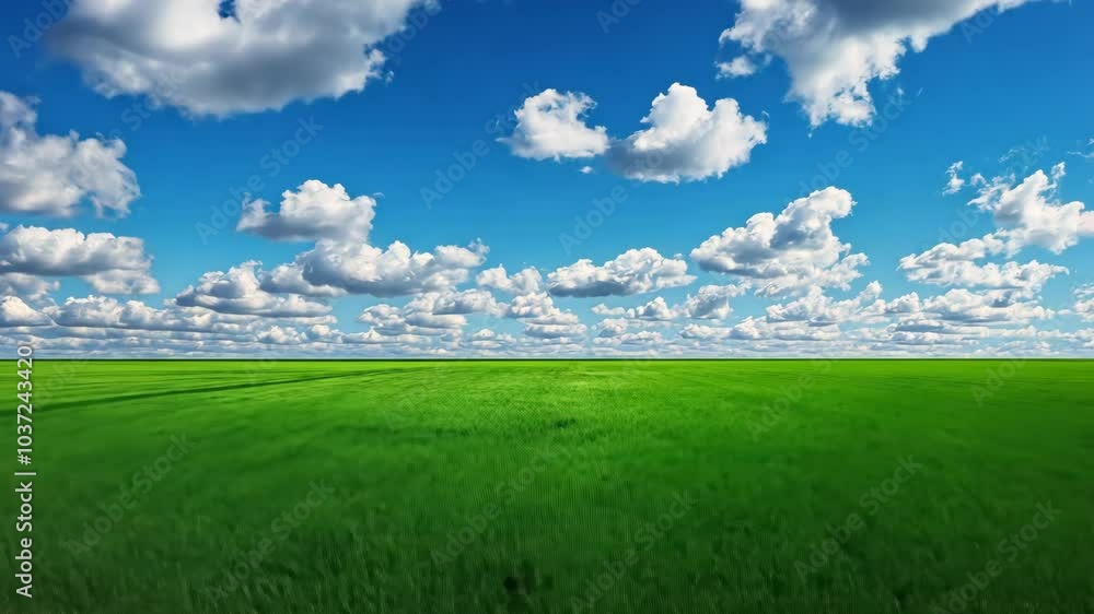 A green field stretches out under a bright blue sky with fluffy white clouds A green field stretches out under a bright blue sky with fluffy white clouds