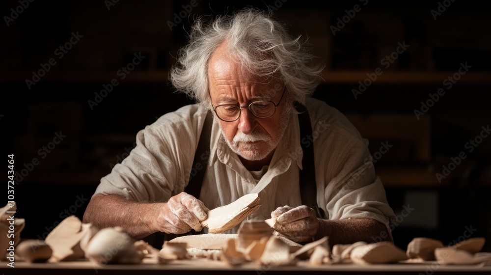 Elderly artisan crafts wooden sculptures in a dimly lit workshop filled with wood shavings Elderly artisan crafts wooden sculptures in a dimly lit workshop filled with wood shavings