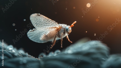 Close-Up of a Dew-Covered Moth in the Early Morning Light