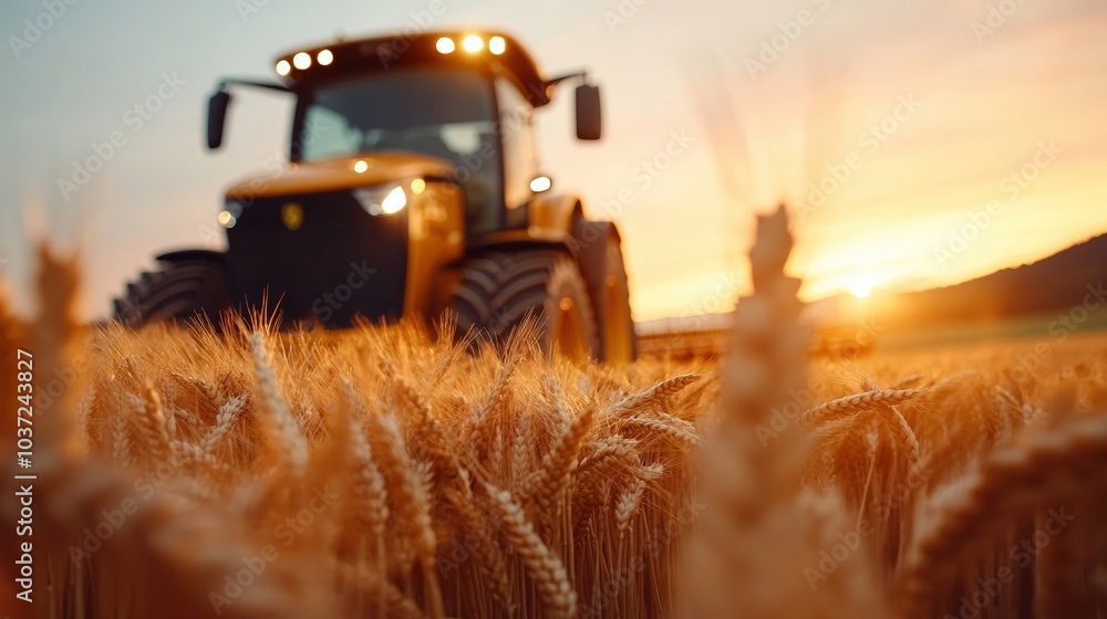 Tractor harvesting wheat during sunset in a golden field with vibrant colors Tractor harvesting wheat during sunset in a golden field with vibrant colors
