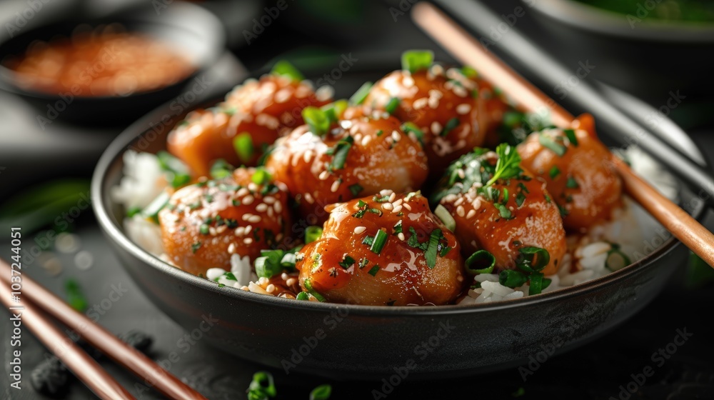 Deliciously plated Asian-inspired meatballs served on rice with fresh herbs and sesame Deliciously plated Asian-inspired meatballs served on rice with fresh herbs and sesame