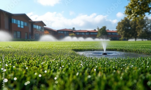 Sprinkler System Watering Green Grass Lawn photo