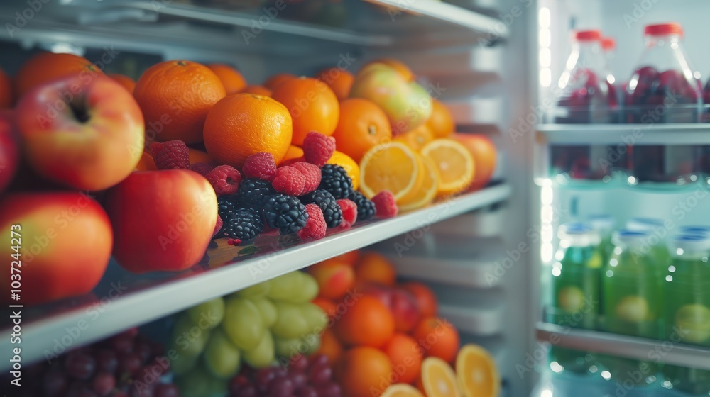 Fresh Fruits and Drinks in a Refrigerator