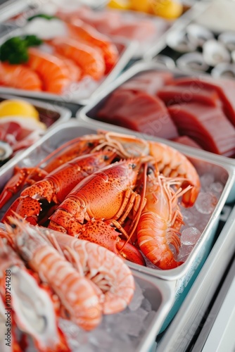 Wallpaper Mural Fresh seafood display featuring lobsters, salmon, tuna, and shellfish at a market Torontodigital.ca