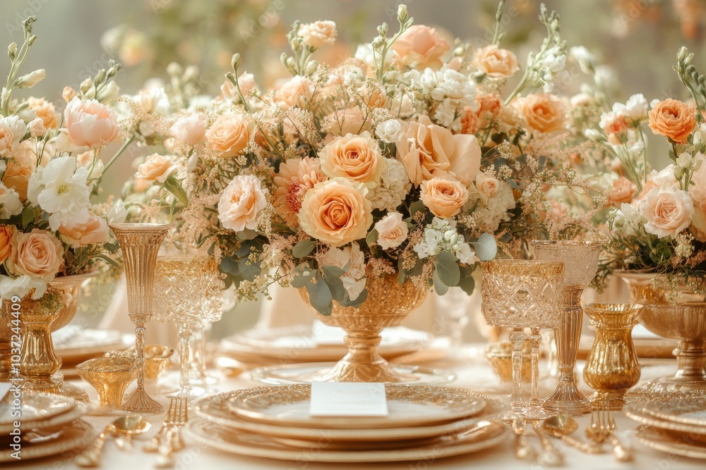 A table with a gold vase of flowers and a white tablecloth A table with a gold vase of flowers and a white tablecloth
