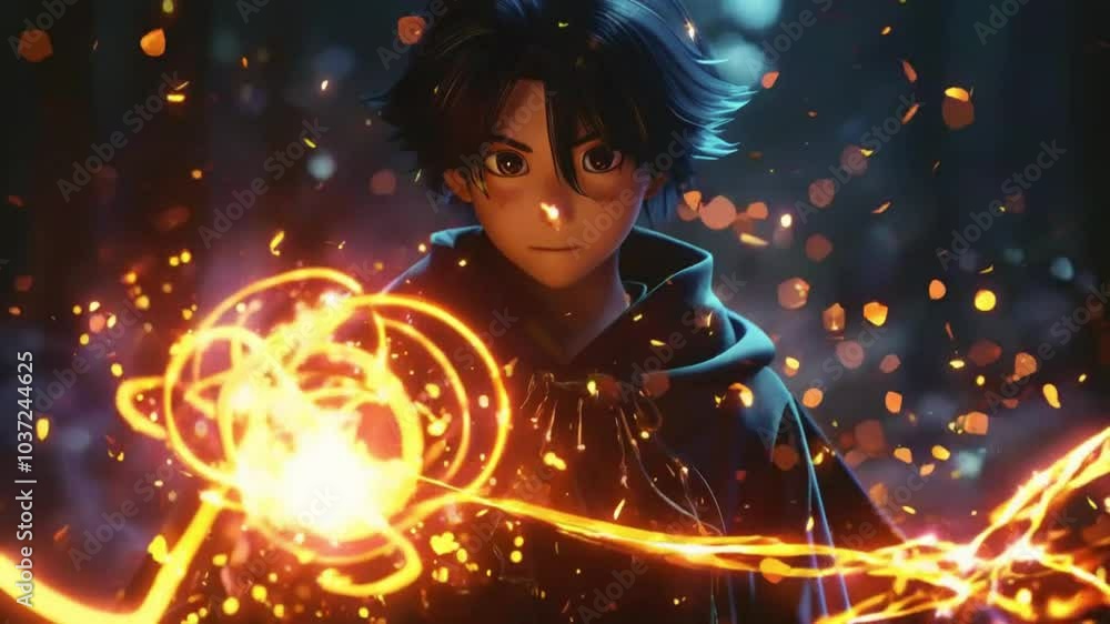 Mysterious Anime Character Wielding a Glowing Yellow Orb in Dark Forest, Magic Power Unleashed 4K