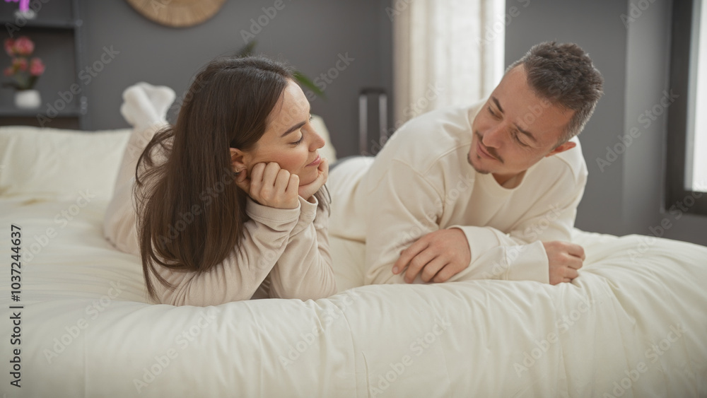 A loving couple enjoys a relaxed moment together in the comfort of their modern bedroom interior. A loving couple enjoys a relaxed moment together in the comfort of their modern bedroom interior.
