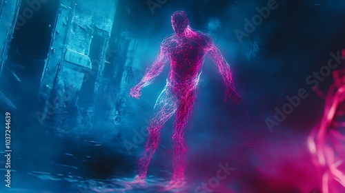 A glowing, pink humanoid figure stands in a futuristic, blue-lit, post-apocalyptic landscape.