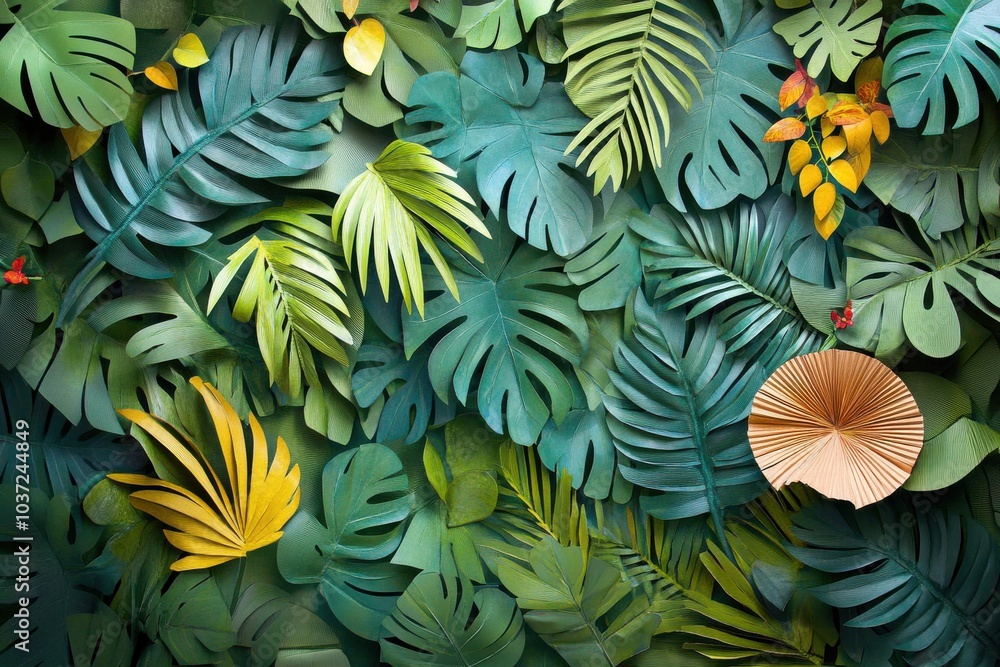 A green and yellow leafy forest with a gold leaf on the ground