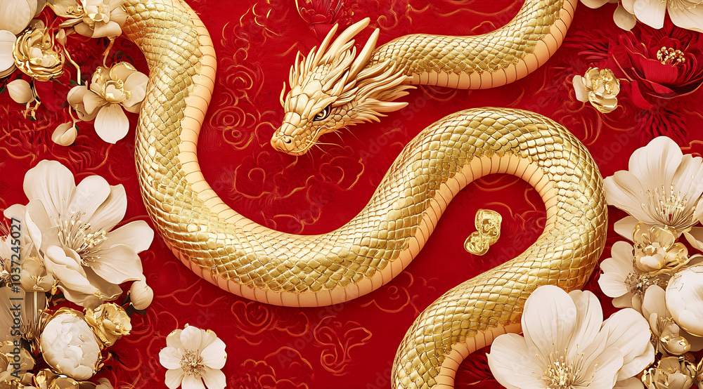 Obraz premium Golden dragon entwined among blooming flowers on a vibrant red backdrop during a festive celebration