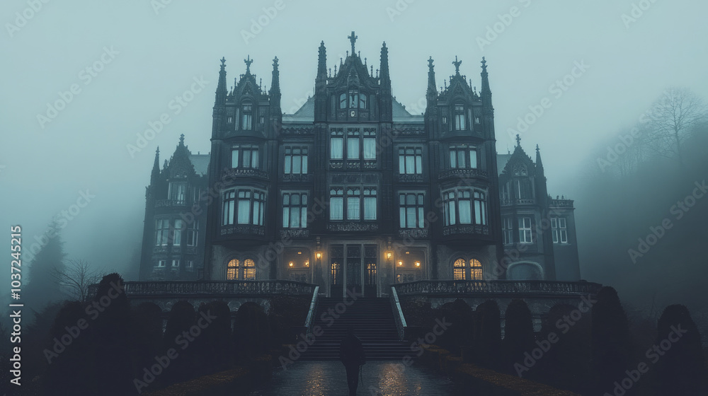 A shadowy figure walks toward a grand, gothic mansion shrouded in mist. A shadowy figure walks toward a grand, gothic mansion shrouded in mist.