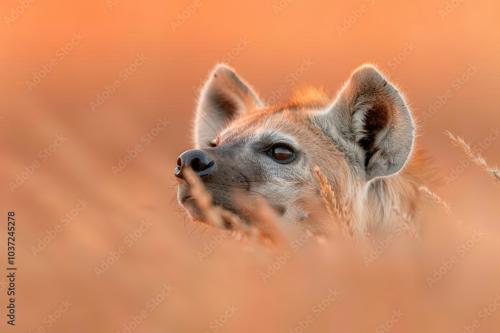 A hyena observing its surroundings in the tall grass during the golden hour in Africa A hyena observing its surroundings in the tall grass during the golden hour in Africa