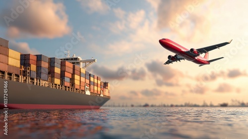 Container ship on water with airplane flying above in a scenic sunset.