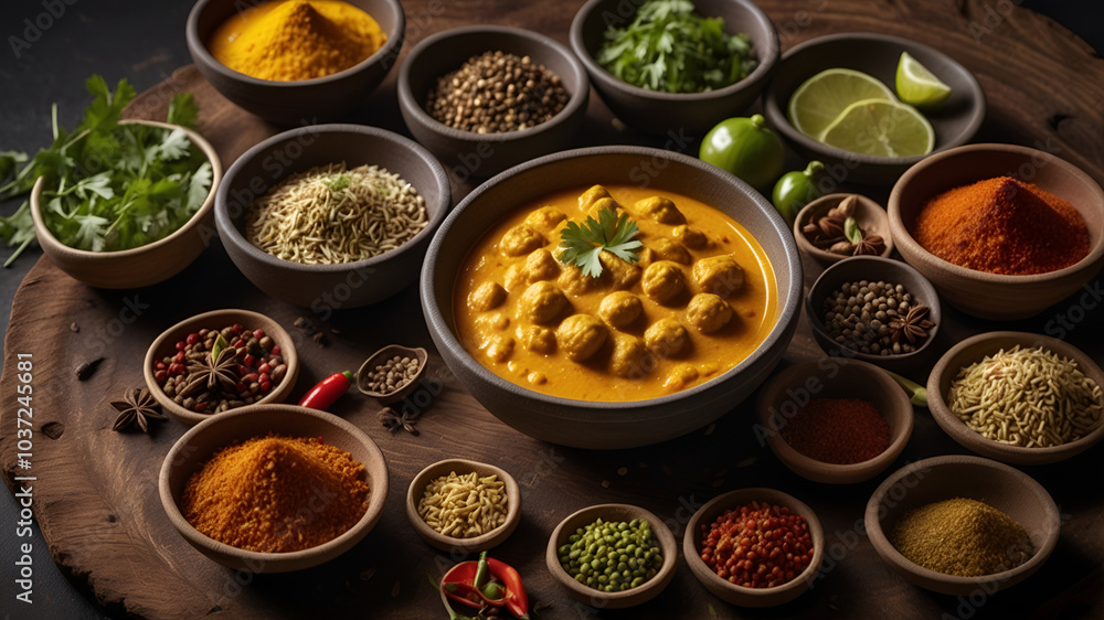 A high-resolution overhead shot of golden curry garnished with cilantro and chili flakes, set on a rustic wooden counter surrounded by spice pots, capturing the essence of homemade Indian cuisine. A high-resolution overhead shot of golden curry garnished with cilantro and chili flakes, set on a rustic wooden counter surrounded by spice pots, capturing the essence of homemade Indian cuisine.