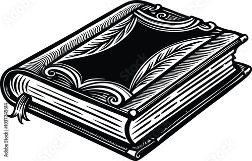 Old Book Open Engraving Illustration – Black and White Detailed Art on White Background