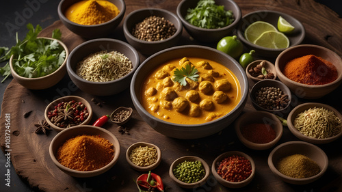 A high-resolution overhead shot of golden curry garnished with cilantro and chili flakes, set on a rustic wooden counter surrounded by spice pots, capturing the essence of homemade Indian cuisine.