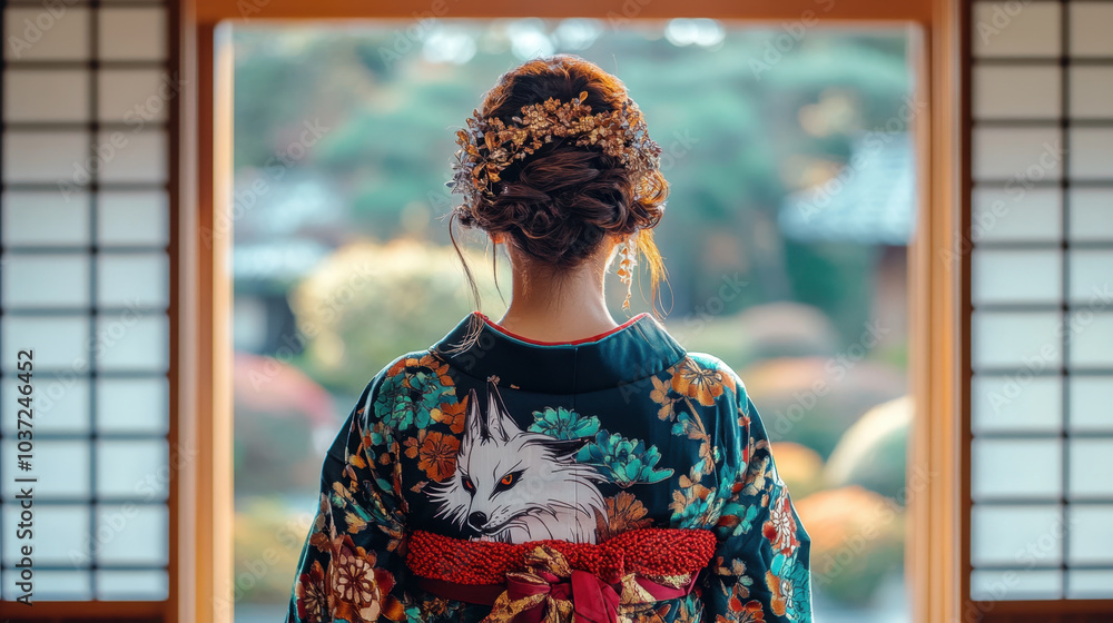 Japanese lady standing elegantly with her back to viewer, adorned in colorful kimono featuring fox design. serene garden view enhances tranquil atmosphere Japanese lady standing elegantly with her back to viewer, adorned in colorful kimono featuring fox design. serene garden view enhances tranquil atmosphere