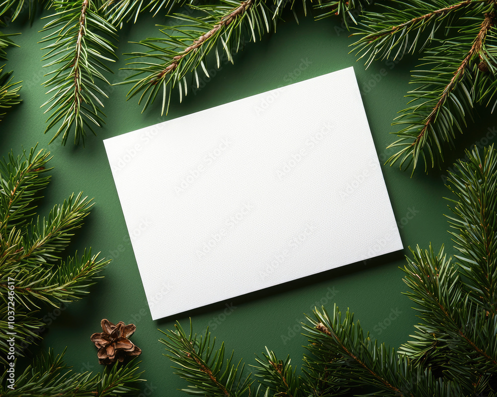 Blank card surrounded by green pine branches on a dark green background. Blank card surrounded by green pine branches on a dark green background.