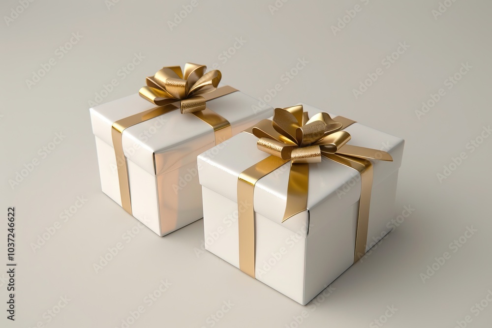New year elegant white gift boxes with gold ribbons, snowflakes, and copy space New year elegant white gift boxes with gold ribbons, snowflakes, and copy space
