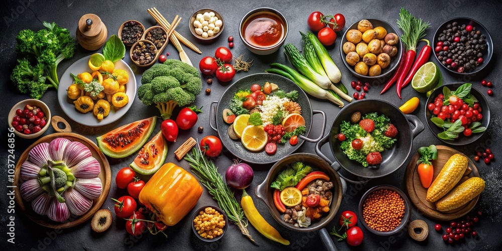 Fototapeta premium Gourmet Food Collection on Black Background - Culinary Art Photography