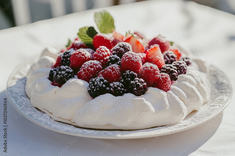 A delicious meringue dessert topped with fresh berries. A delicious meringue dessert topped with fresh berries.