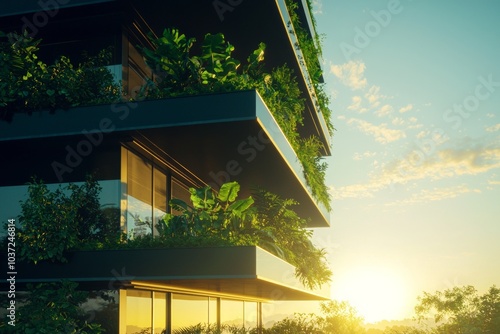 Modern building with lush greenery on balconies