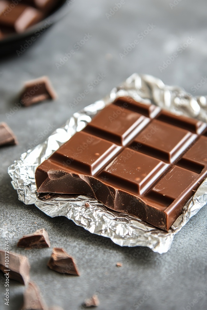 Delicious chocolate bar with bite taken, resting on silver foil on a dark countertop Delicious chocolate bar with bite taken, resting on silver foil on a dark countertop