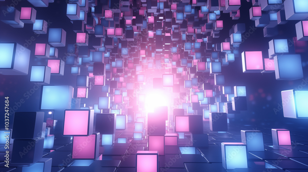 floating in space surrounded by glowing cubes, designed to showcase futuristic technology or gaming graphics floating in space surrounded by glowing cubes, designed to showcase futuristic technology or gaming graphics