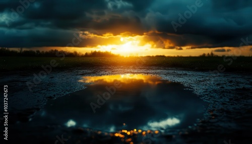 Dark, stormy clouds reflecting in a puddle, foreboding, emotional turbulence