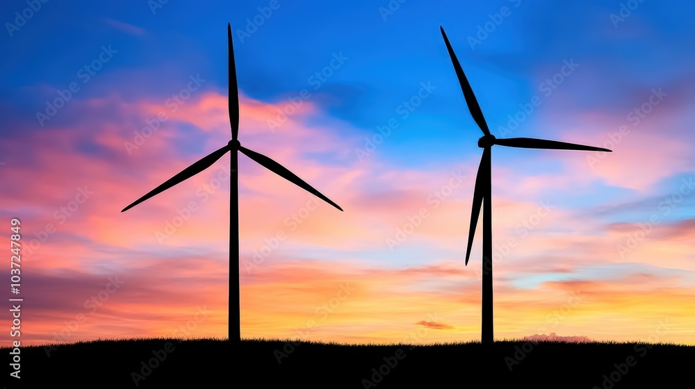 Fototapeta premium Silhouette of wind turbines against a vibrant sunset sky.
