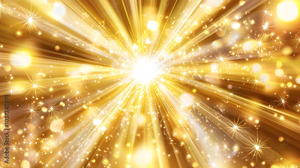 Fototapeta premium A bright yellow background with rays of light and sparkles, suitable for summer or sunshine themes. Vector illustration. The sun shines brightly in the center of the frame, surrounded by sparkling 