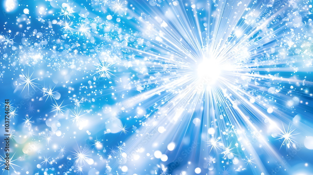 A bright blue background with rays of light and sparkles, suitable for summer or sunshine themes. Vector illustration. The blue sun shines brightly in the center of the frame, surrounded by sparkling A bright blue background with rays of light and sparkles, suitable for summer or sunshine themes. Vector illustration. The blue sun shines brightly in the center of the frame, surrounded by sparkling