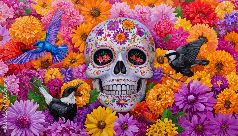 A traditional Dia de los Muertos scene with a candle-lit altar covered in marigolds, sugar skulls, and bread. A traditional Dia de los Muertos scene with a candle-lit altar covered in marigolds, sugar skulls, and bread.