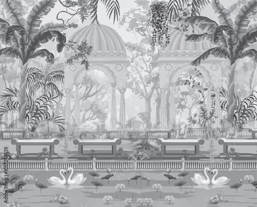 peacock and wallpaper illustration frame with a traditional ethnic Mughal garden, Pattern on the palace, Jaipur, Mughal Traditional colorful arch gate vector pattern