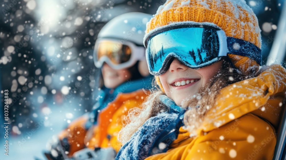 Children enjoying a snowy day on the slopes while wearing colorful winter gear and smiling brightly in a snowy forest setting Children enjoying a snowy day on the slopes while wearing colorful winter gear and smiling brightly in a snowy forest setting