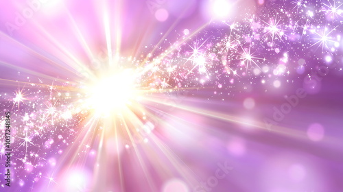 A bright purple background with rays of light and sparkles, suitable for summer or sunshine themes. Vector illustration. The purple sun shines brightly in the center of the frame, surrounded sparking