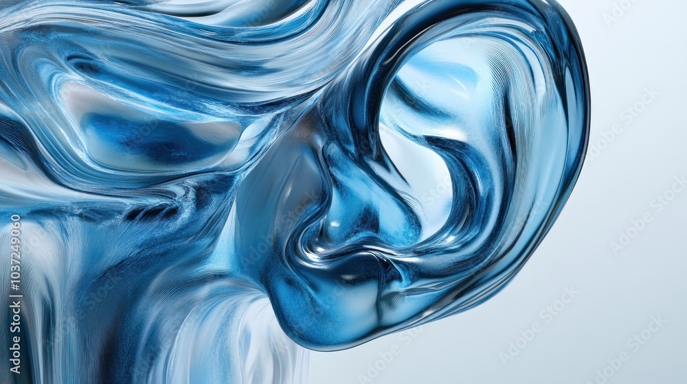 Abstract depiction of a fluid, blue form resembling an ear, emphasizing sound and perception. Abstract depiction of a fluid, blue form resembling an ear, emphasizing sound and perception.