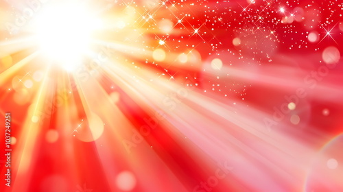 A bright red background with rays of light and sparkles, suitable for summer or sunshine themes. Vector illustration. The red sun shines brightly in the center of the frame, surrounded by sparkling  photo