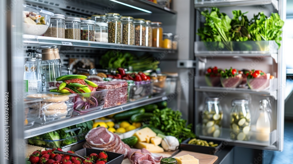 Organized and Full Refrigerator with Fresh Produce and Meats Organized and Full Refrigerator with Fresh Produce and Meats