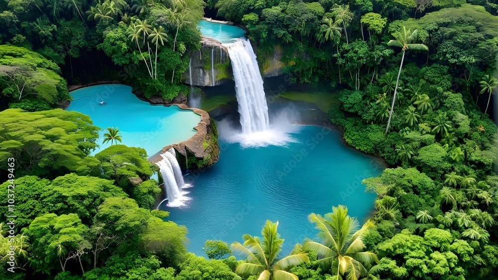 A high-angle view of a waterfall cascading into a crystal-clear pool, surrounded by lush tropical vegetation. The vibrant greens and blues create a refreshing, tranquil atmosphere A high-angle view of a waterfall cascading into a crystal-clear pool, surrounded by lush tropical vegetation. The vibrant greens and blues create a refreshing, tranquil atmosphere