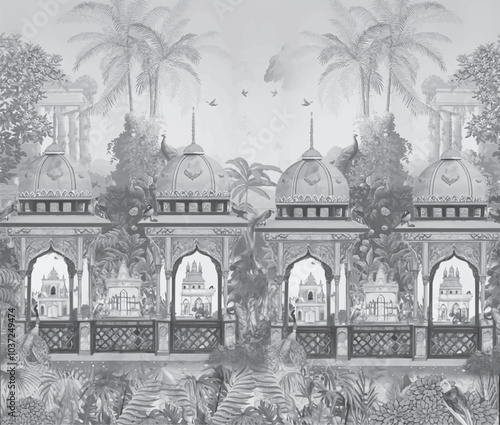peacock and wallpaper illustration frame with a traditional ethnic Mughal garden, Pattern on the palace, Jaipur, Mughal Traditional colorful arch gate vector pattern