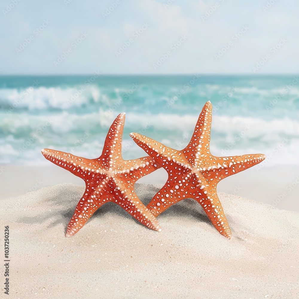Two starfish on sandy beach with ocean waves in the background. Two starfish on sandy beach with ocean waves in the background.