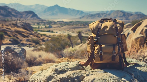 A desert backpack propped up against a rock
