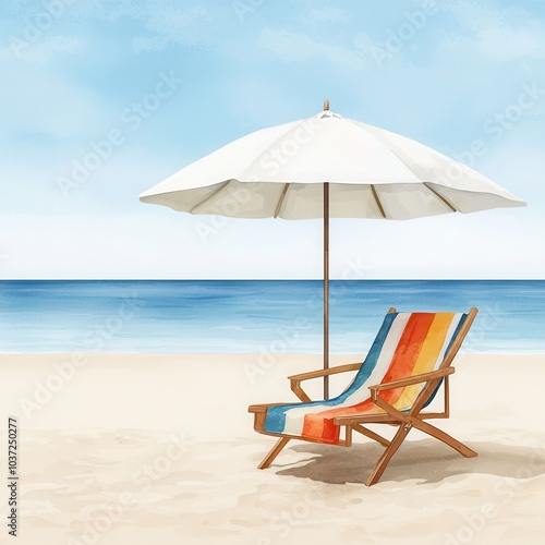 Wallpaper Mural Beach chair and umbrella on serene sandy shore with calm ocean waves. Torontodigital.ca