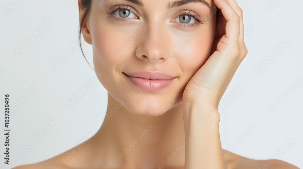 Woman Portrait with Clear Skincare in Studio. Healthy Beauty and Hands Touching Smooth Skin on White Background
